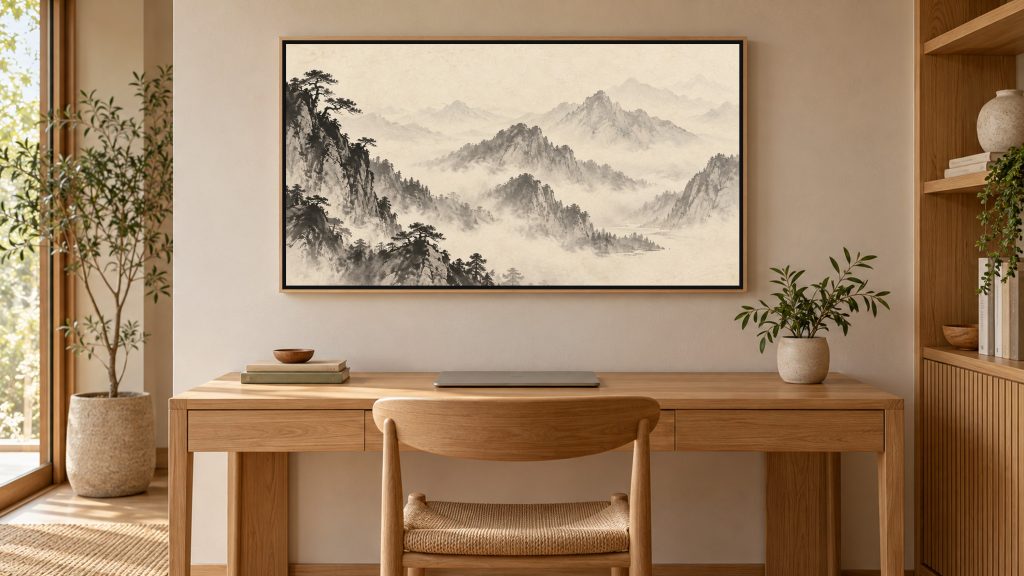 Misty Mountain Ink Landscape shown on a wall-mounted 16:9 TV in a home office