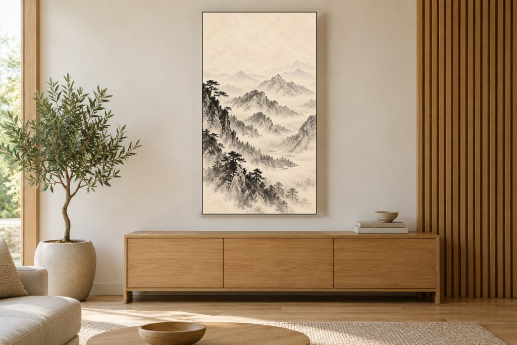 Misty Mountain Ink Landscape shown on a vertically mounted TV in a room setting
