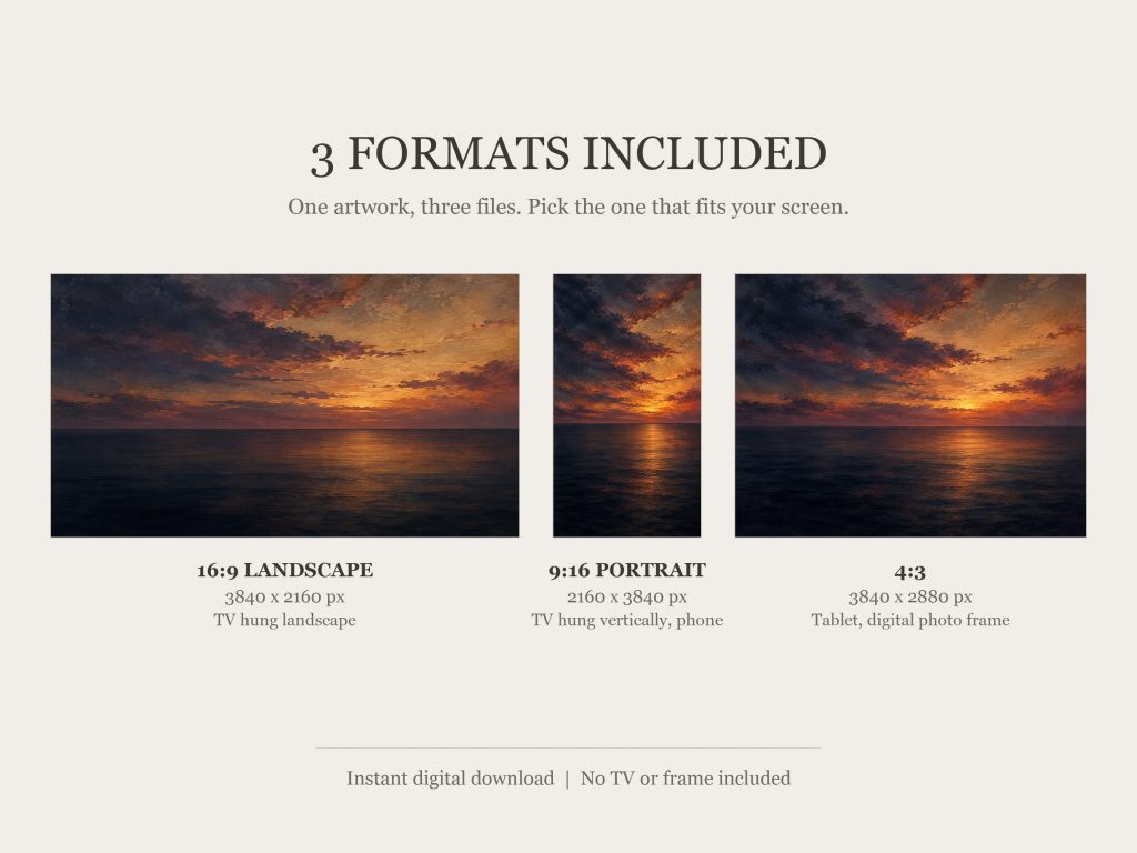 Moody Ocean Horizon at Dusk: the three included formats, 16:9, 9:16 and 4:3