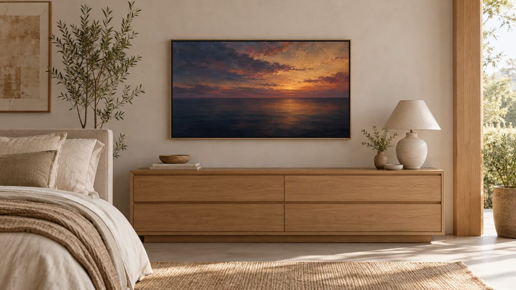 Moody Ocean Horizon at Dusk shown on a wall-mounted 16:9 TV in a bedroom