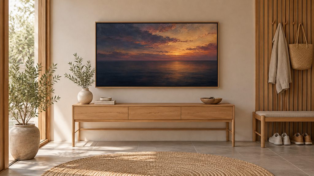 Moody Ocean Horizon at Dusk shown on a wall-mounted 16:9 TV in an entryway