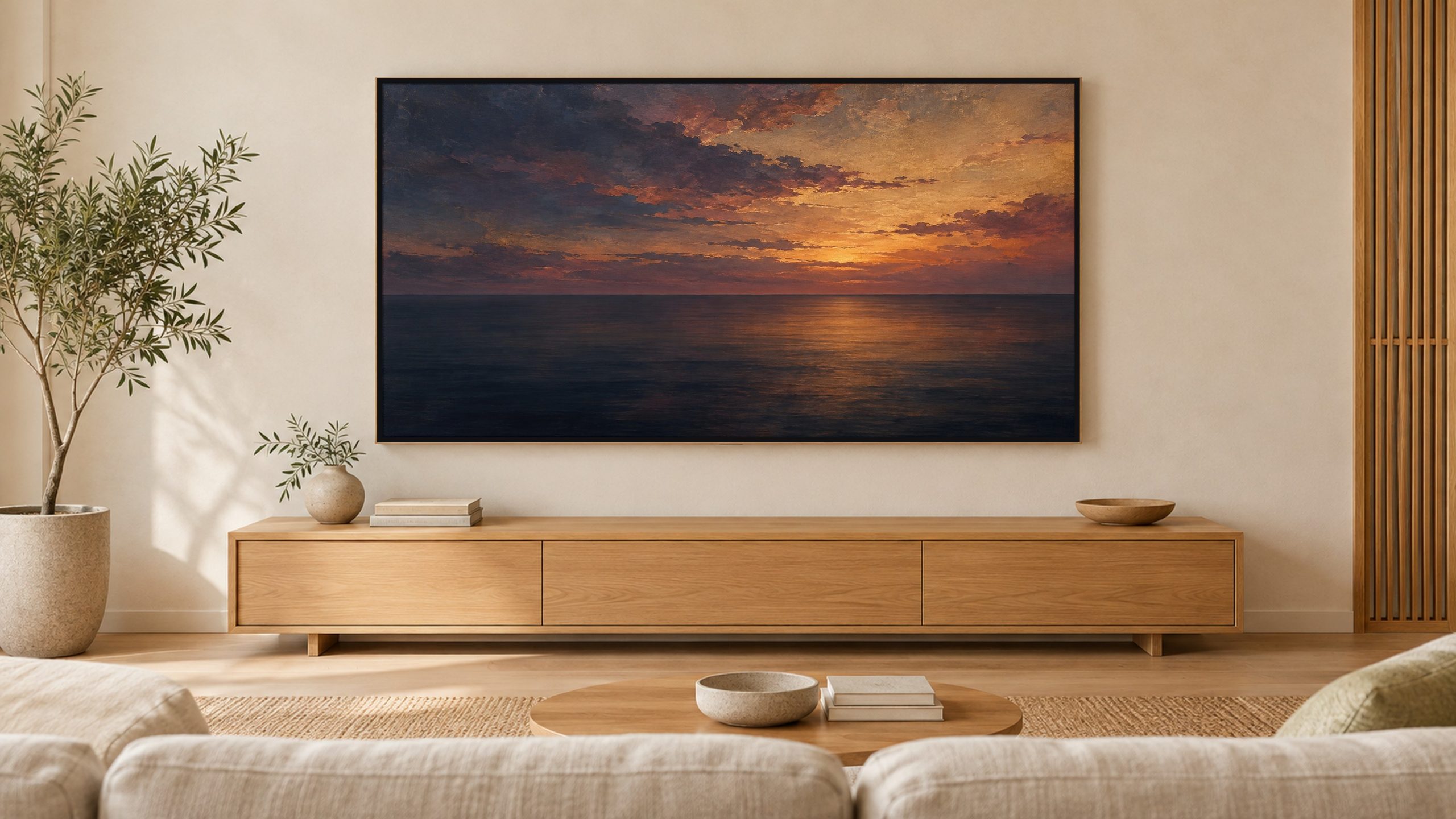 Moody Ocean Horizon at Dusk shown on a wall-mounted 16:9 TV in a living room