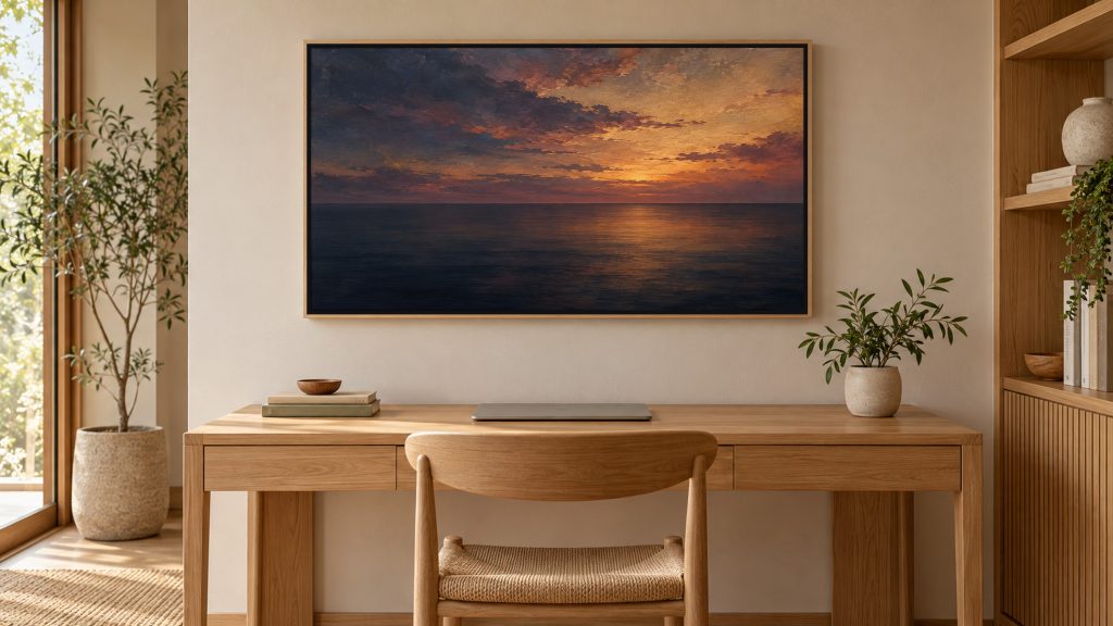 Moody Ocean Horizon at Dusk shown on a wall-mounted 16:9 TV in a home office