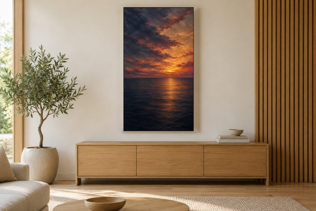 Moody Ocean Horizon at Dusk shown on a vertically mounted TV in a room setting