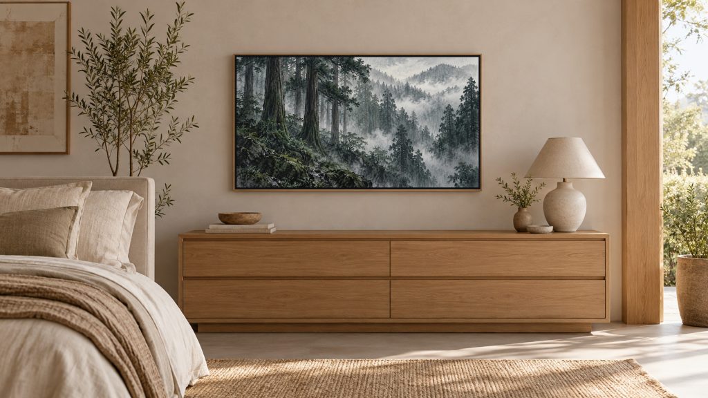 Moody Cedar Forest in Rain shown on a wall-mounted 16:9 TV in a bedroom