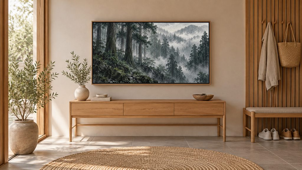 Moody Cedar Forest in Rain shown on a wall-mounted 16:9 TV in an entryway