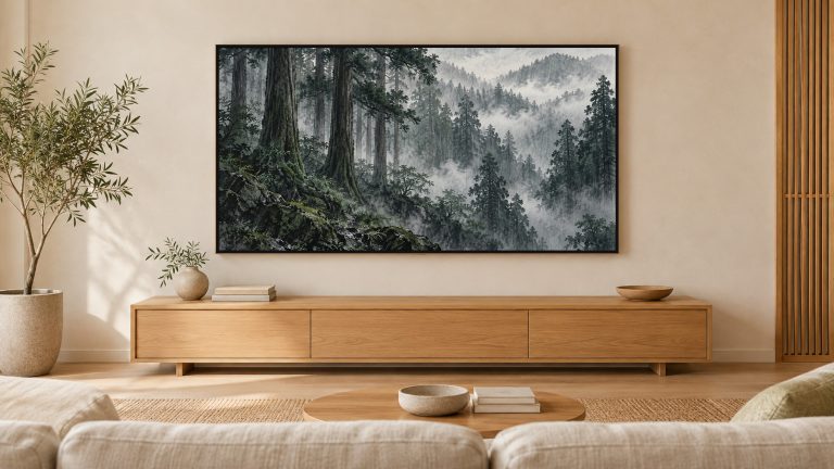 Moody Cedar Forest in Rain shown on a wall-mounted 16:9 TV in a living room