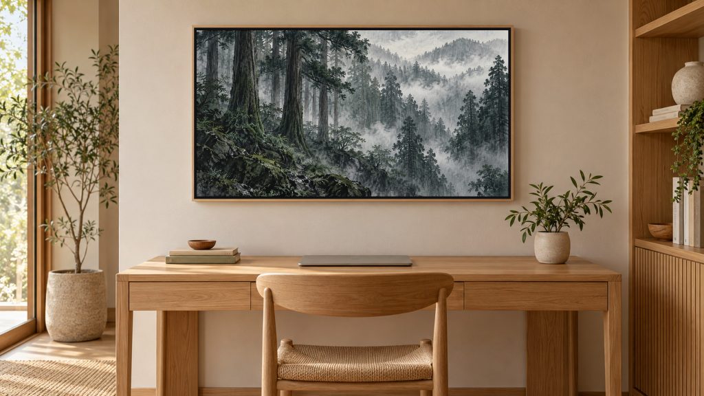 Moody Cedar Forest in Rain shown on a wall-mounted 16:9 TV in a home office