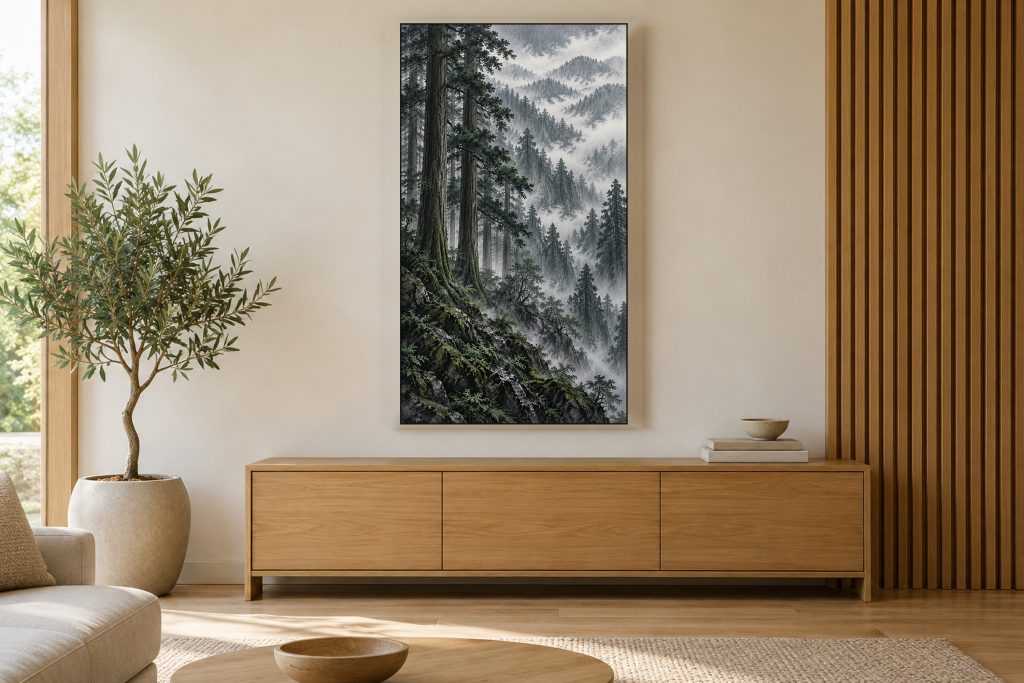 Moody Cedar Forest in Rain shown on a vertically mounted TV in a room setting