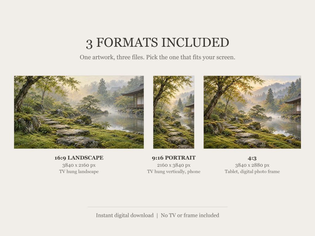 Moss Garden Japandi: the three included formats, 16:9, 9:16 and 4:3
