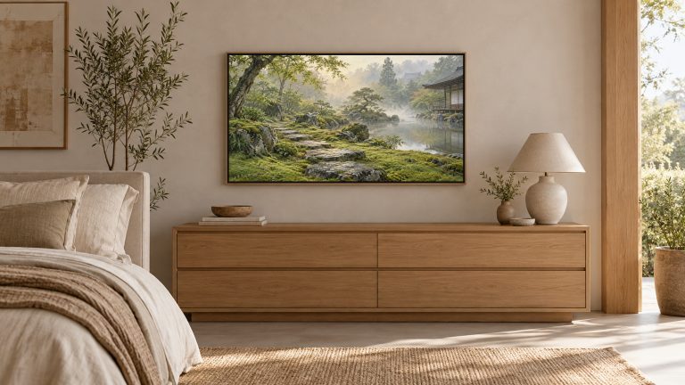Moss Garden Japandi shown on a wall-mounted 16:9 TV in a bedroom