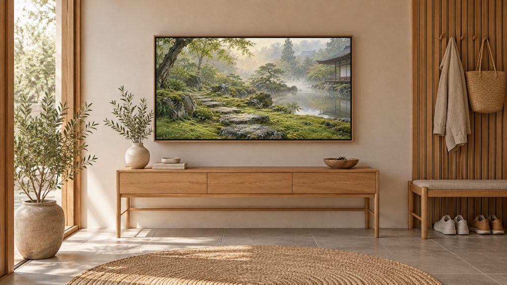 Moss Garden Japandi shown on a wall-mounted 16:9 TV in an entryway