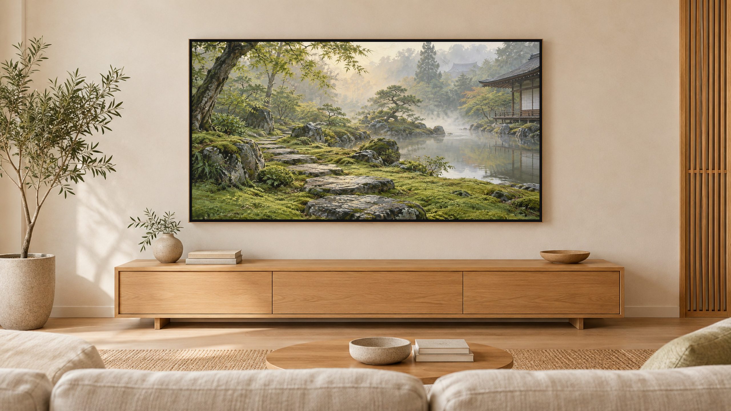 Moss Garden Japandi shown on a wall-mounted 16:9 TV in a living room