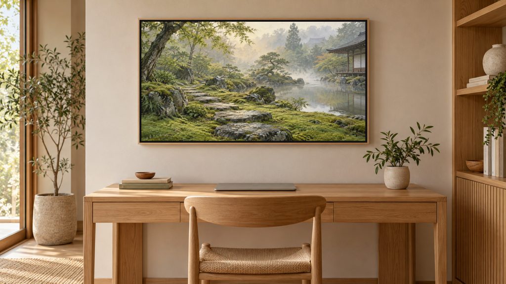 Moss Garden Japandi shown on a wall-mounted 16:9 TV in a home office