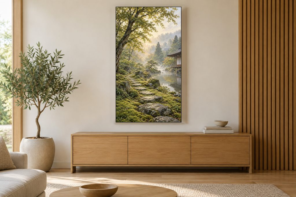 Moss Garden Japandi shown on a vertically mounted TV in a room setting