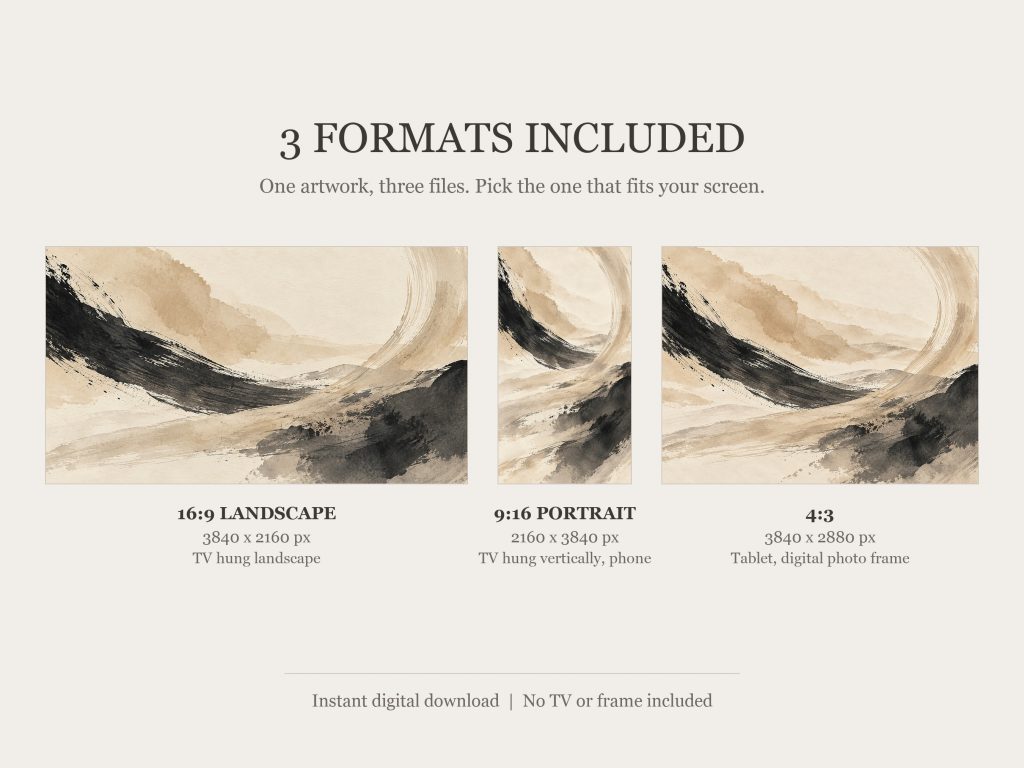 Neutral Ink Brushstrokes Abstract: the three included formats, 16:9, 9:16 and 4:3