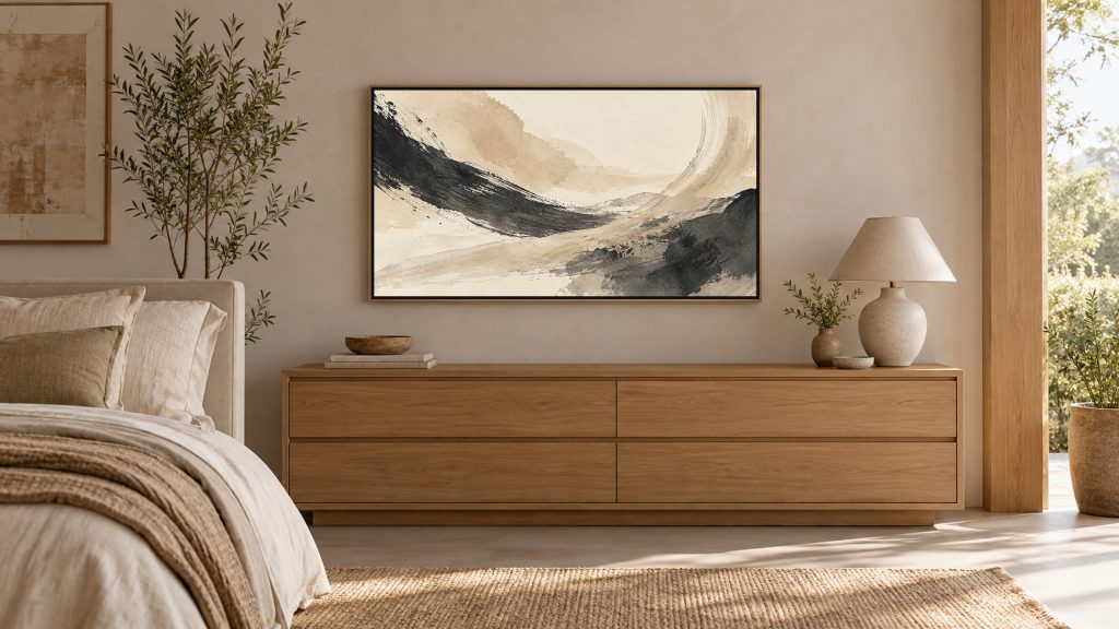 Neutral Ink Brushstrokes Abstract shown on a wall-mounted 16:9 TV in a bedroom