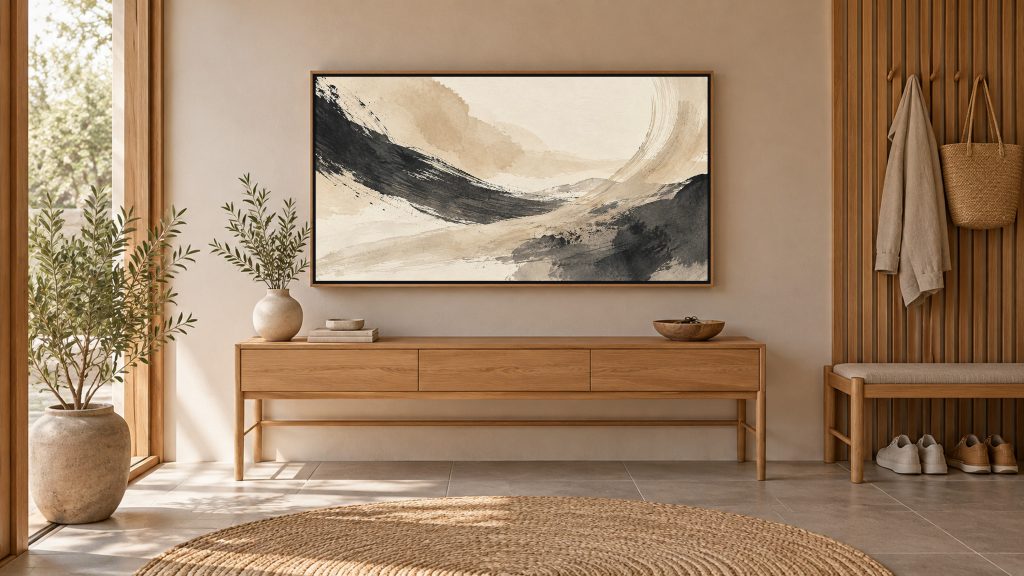Neutral Ink Brushstrokes Abstract shown on a wall-mounted 16:9 TV in an entryway