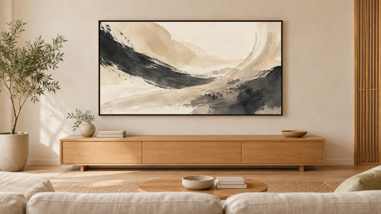 Neutral Ink Brushstrokes Abstract shown on a wall-mounted 16:9 TV in a living room