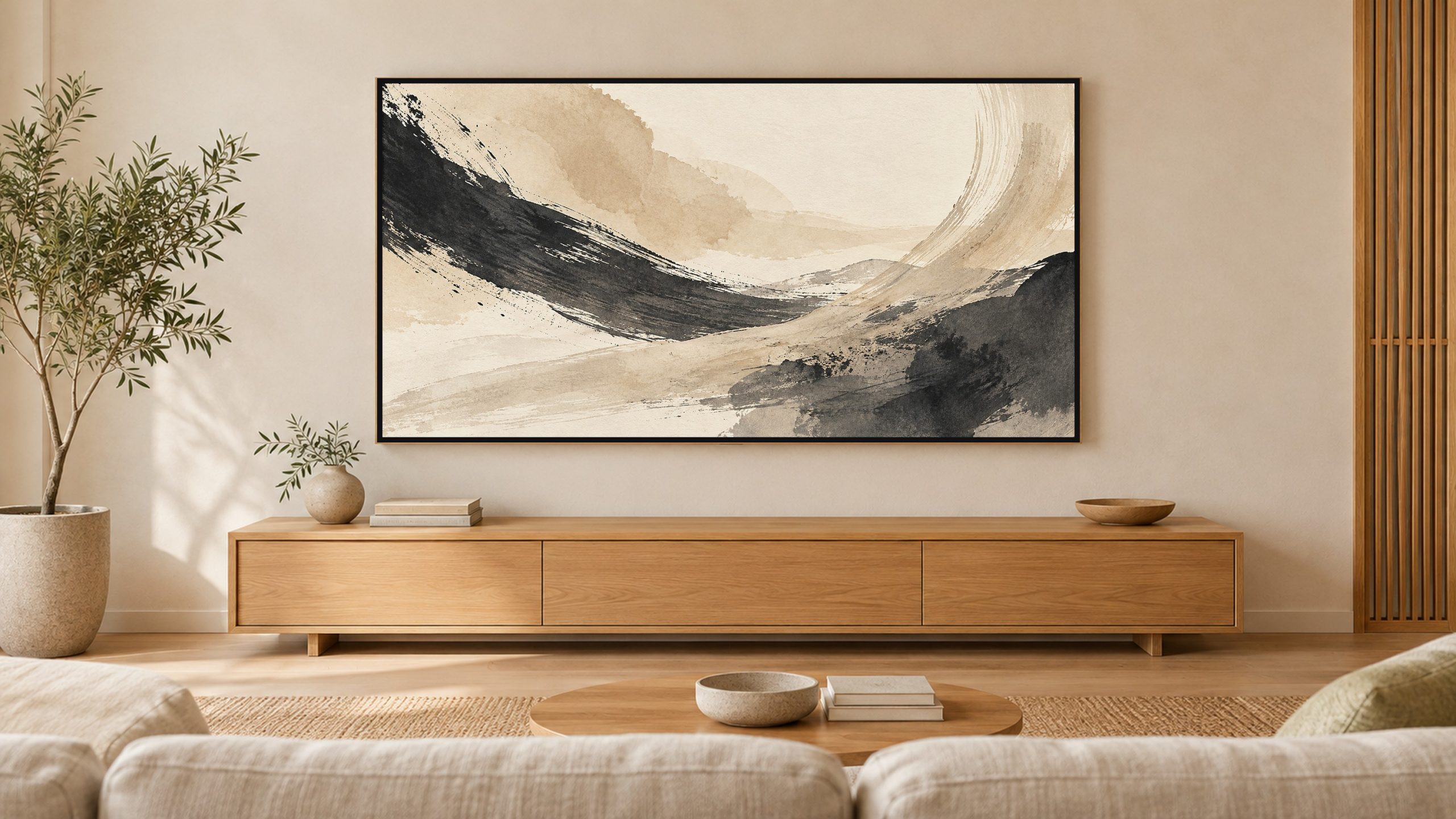 Neutral Ink Brushstrokes Abstract shown on a wall-mounted 16:9 TV in a living room