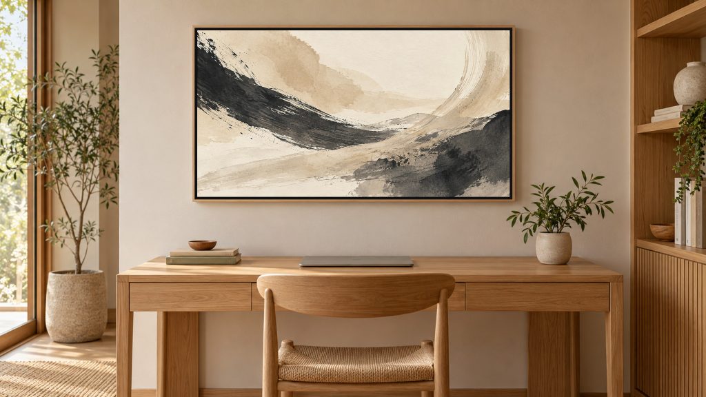Neutral Ink Brushstrokes Abstract shown on a wall-mounted 16:9 TV in a home office