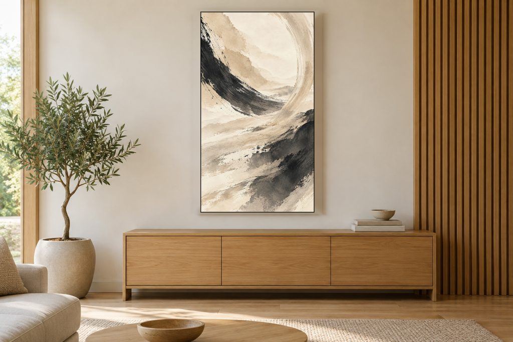 Neutral Ink Brushstrokes Abstract shown on a vertically mounted TV in a room setting