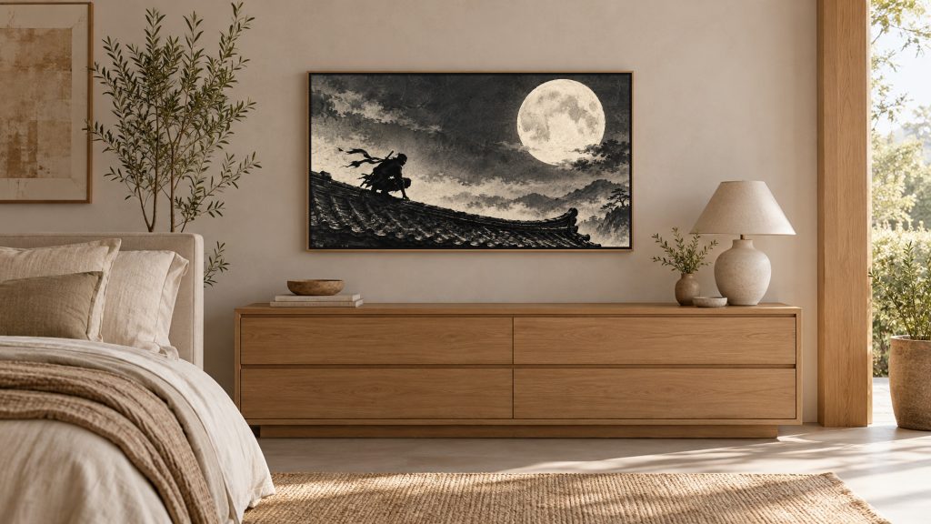 Ninja on Moonlit Rooftop Ink shown on a wall-mounted 16:9 TV in a bedroom