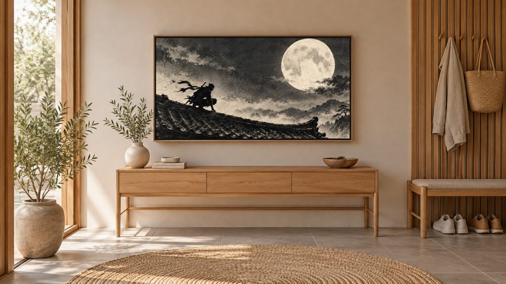 Ninja on Moonlit Rooftop Ink shown on a wall-mounted 16:9 TV in an entryway
