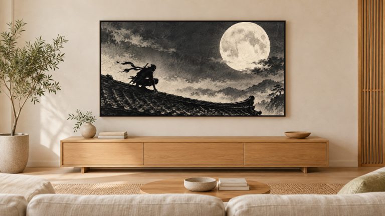 Ninja on Moonlit Rooftop Ink shown on a wall-mounted 16:9 TV in a living room