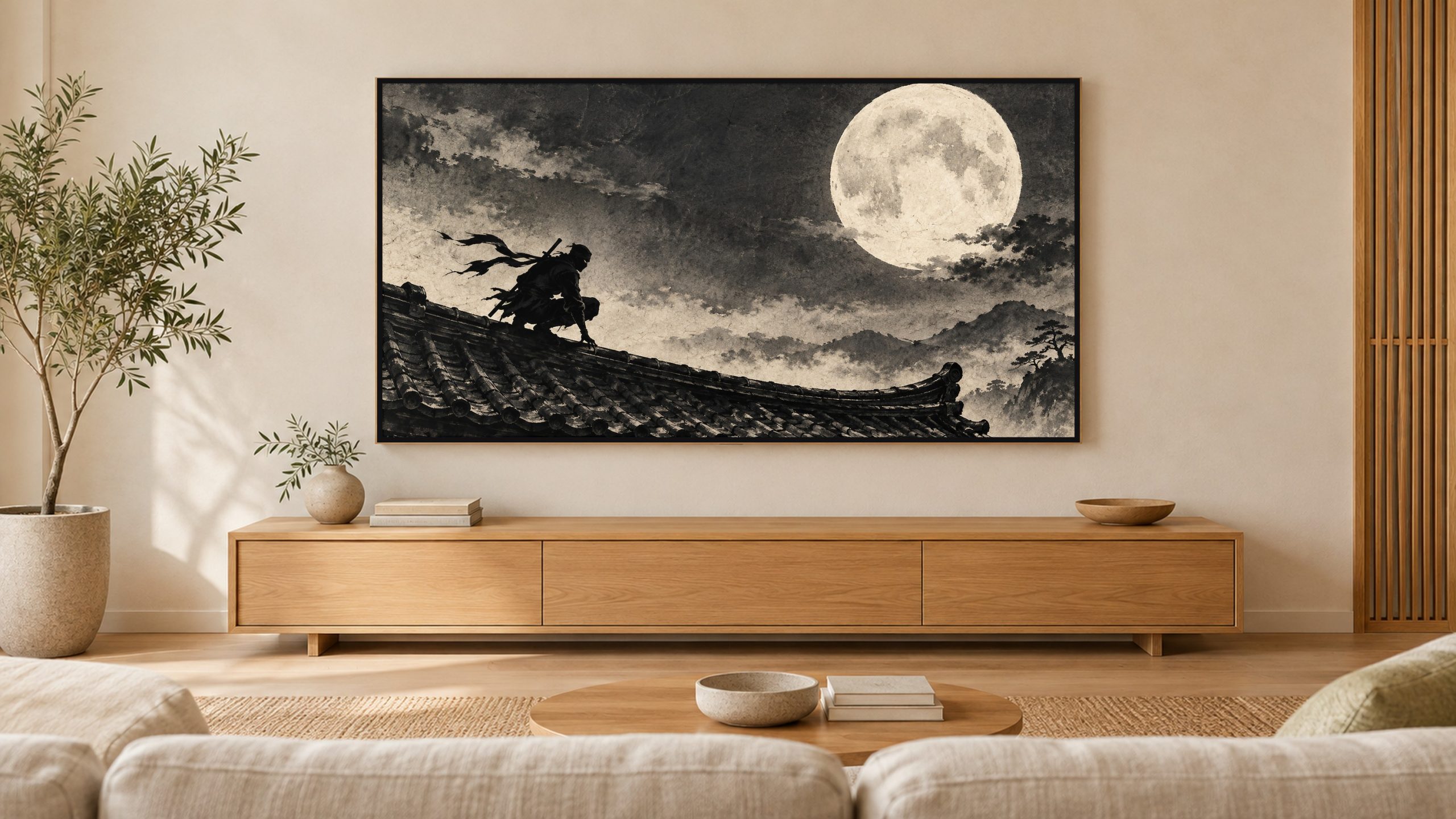 Ninja on Moonlit Rooftop Ink shown on a wall-mounted 16:9 TV in a living room
