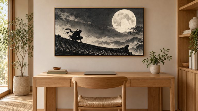 Ninja on Moonlit Rooftop Ink shown on a wall-mounted 16:9 TV in a home office