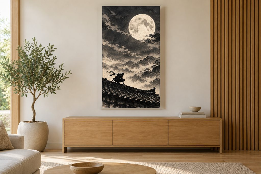 Ninja on Moonlit Rooftop Ink shown on a vertically mounted TV in a room setting