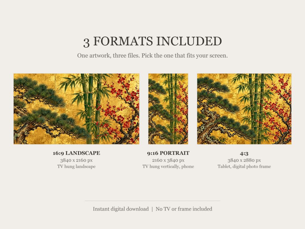 Pine, Bamboo and Plum on Gold: the three included formats, 16:9, 9:16 and 4:3