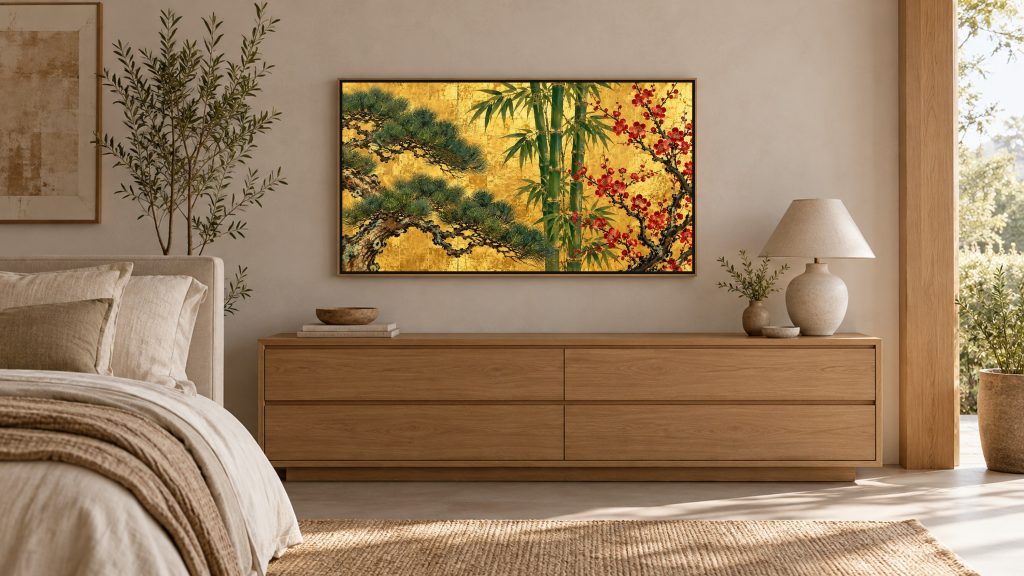 Pine, Bamboo and Plum on Gold shown on a wall-mounted 16:9 TV in a bedroom