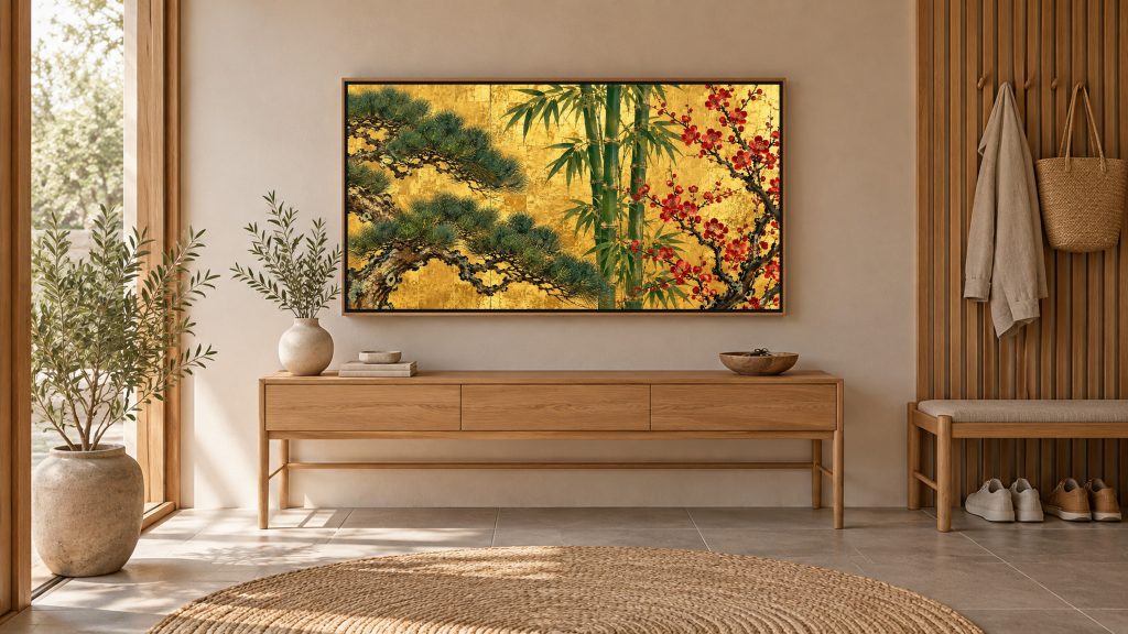 Pine, Bamboo and Plum on Gold shown on a wall-mounted 16:9 TV in an entryway