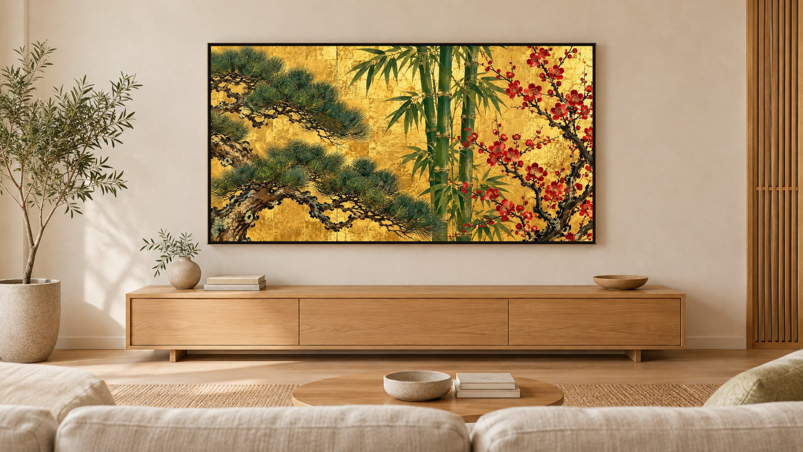 Pine, Bamboo and Plum on Gold shown on a wall-mounted 16:9 TV in a living room
