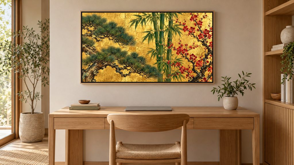 Pine, Bamboo and Plum on Gold shown on a wall-mounted 16:9 TV in a home office