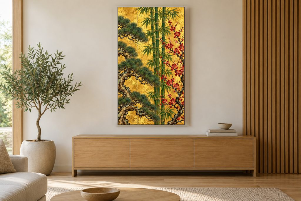 Pine, Bamboo and Plum on Gold shown on a vertically mounted TV in a room setting