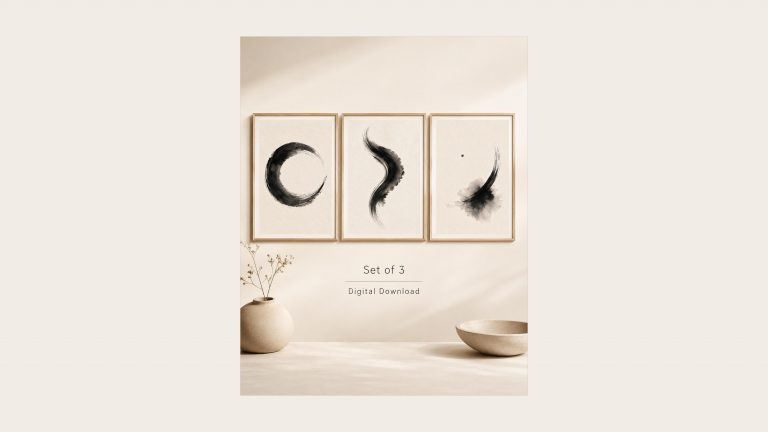 Japanese Ink Circle Prints, Set of 3 shown framed in a living room setting
