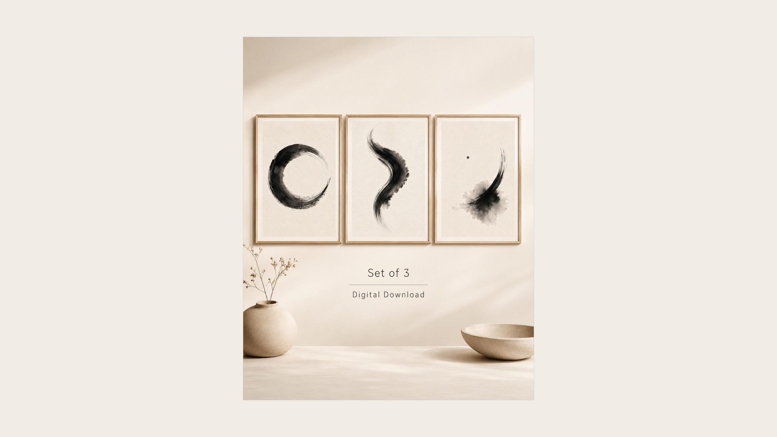 Japanese Ink Circle Prints, Set of 3 shown framed in a living room setting