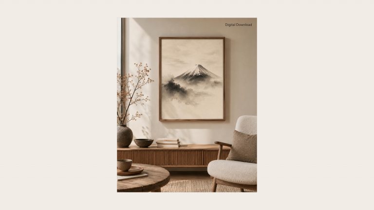 Mount Fuji Sumi Ink Print shown framed in a living room setting