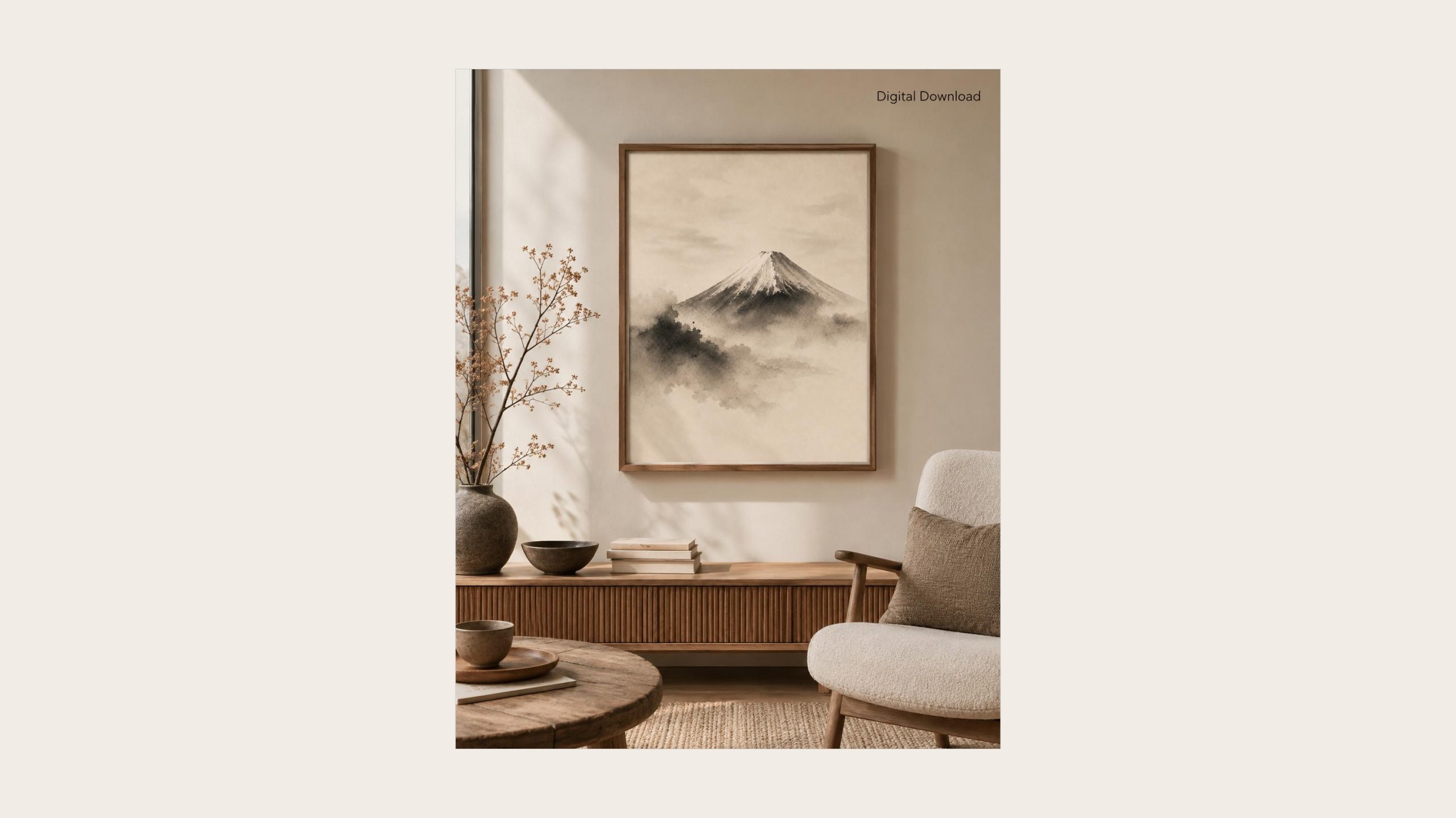 Mount Fuji Sumi Ink Print shown framed in a living room setting