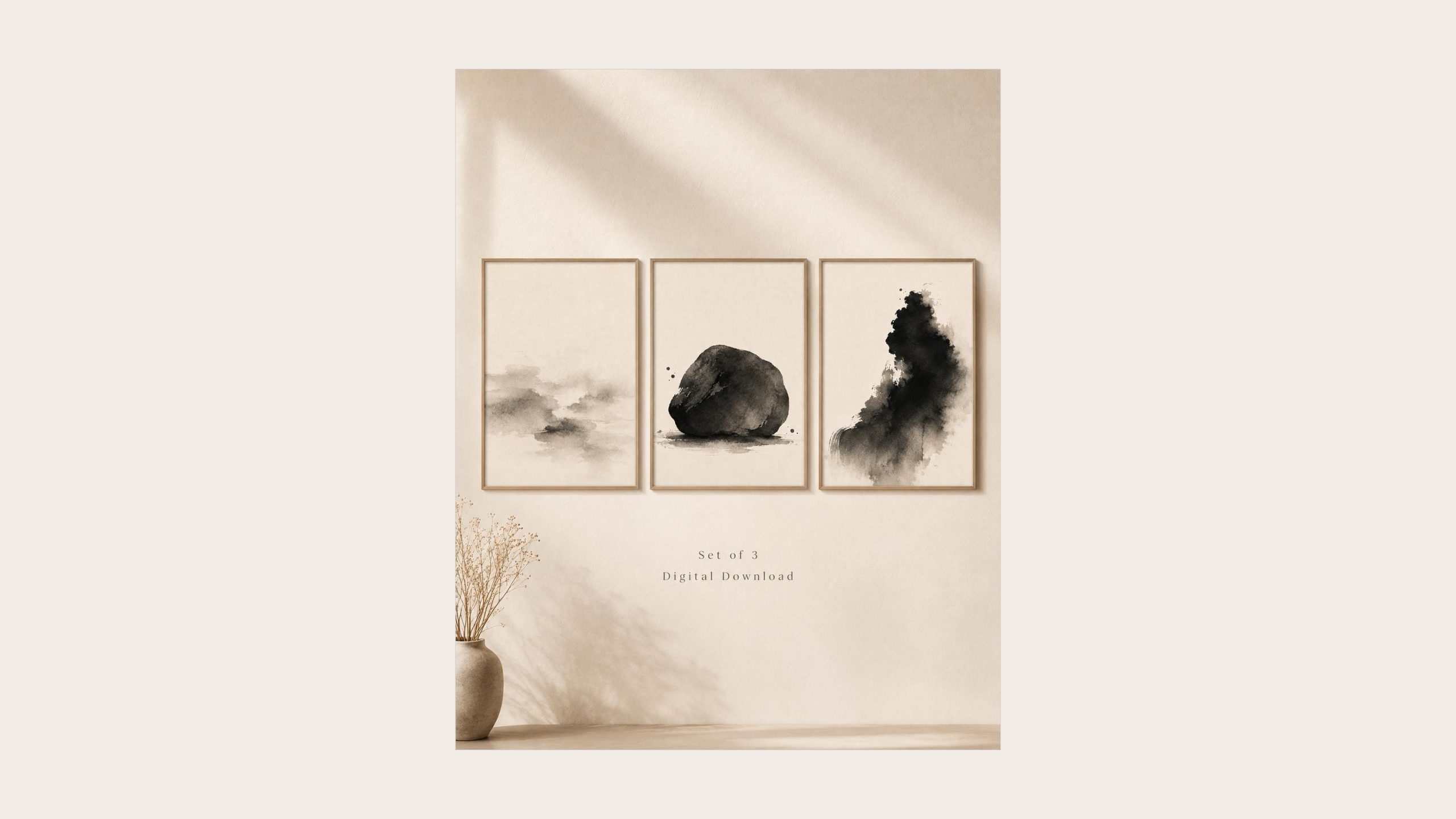 Ink Stone and Mist Prints, Set of 3 shown framed in a living room setting