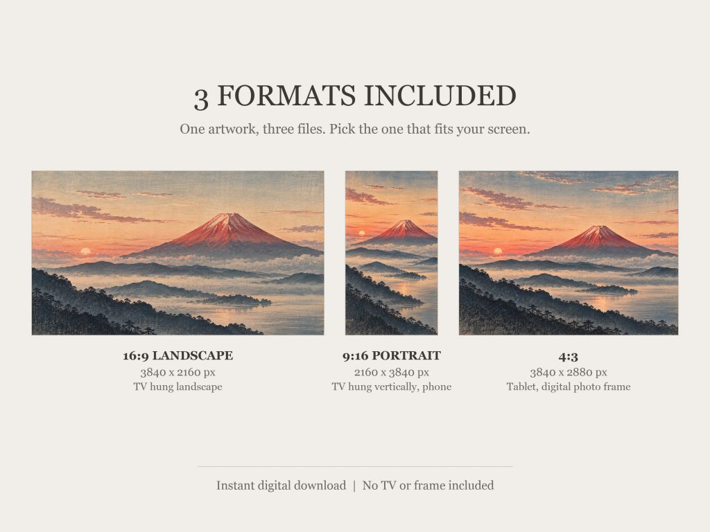 Red Fuji at Dawn Woodblock Style: the three included formats, 16:9, 9:16 and 4:3