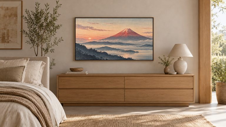 Red Fuji at Dawn Woodblock Style shown on a wall-mounted 16:9 TV in a bedroom