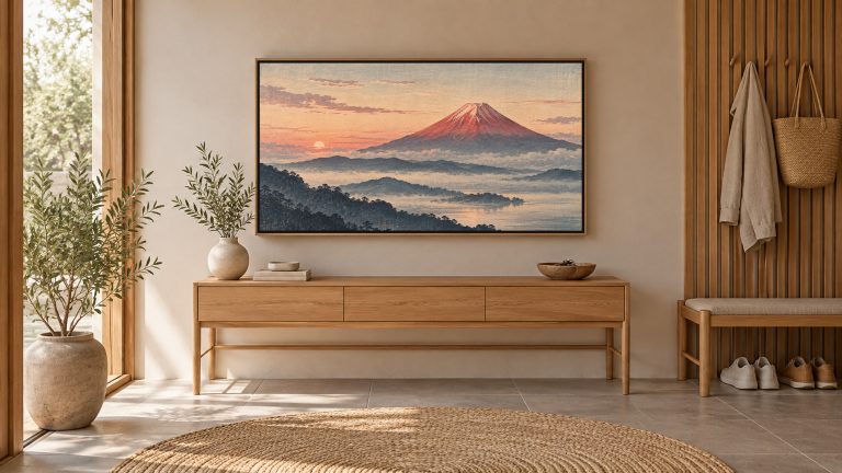 Red Fuji at Dawn Woodblock Style shown on a wall-mounted 16:9 TV in an entryway