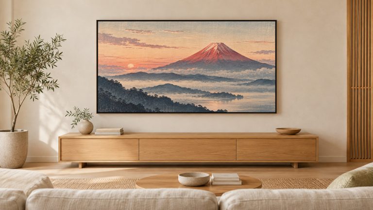 Red Fuji at Dawn Woodblock Style shown on a wall-mounted 16:9 TV in a living room