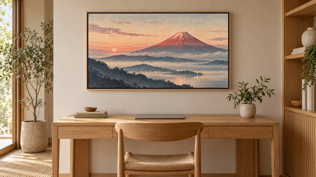 Red Fuji at Dawn Woodblock Style shown on a wall-mounted 16:9 TV in a home office