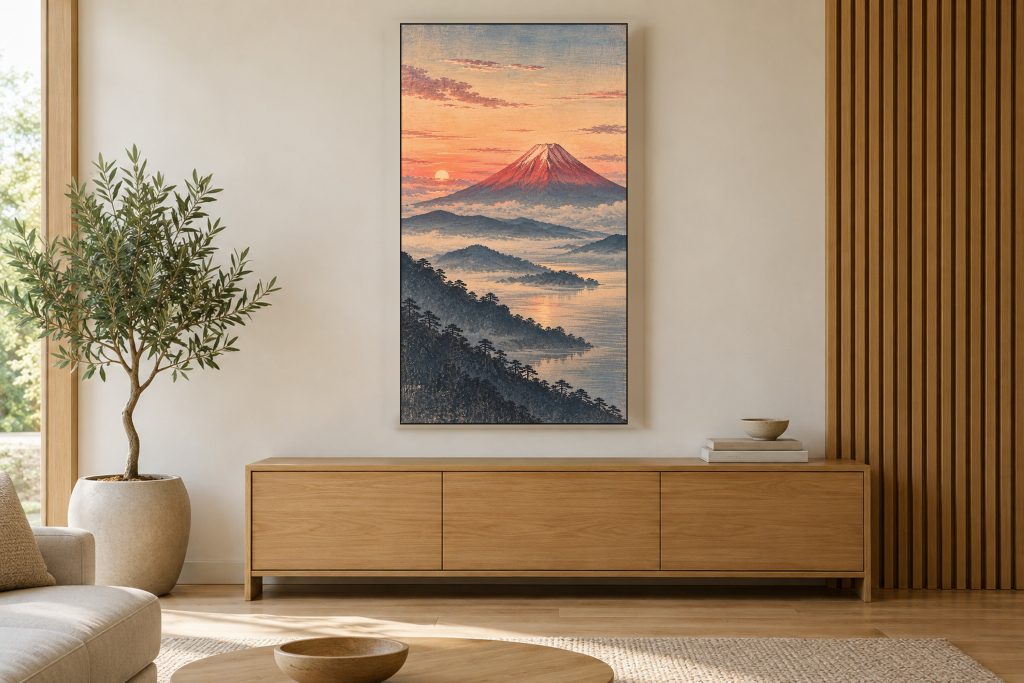 Red Fuji at Dawn Woodblock Style shown on a vertically mounted TV in a room setting