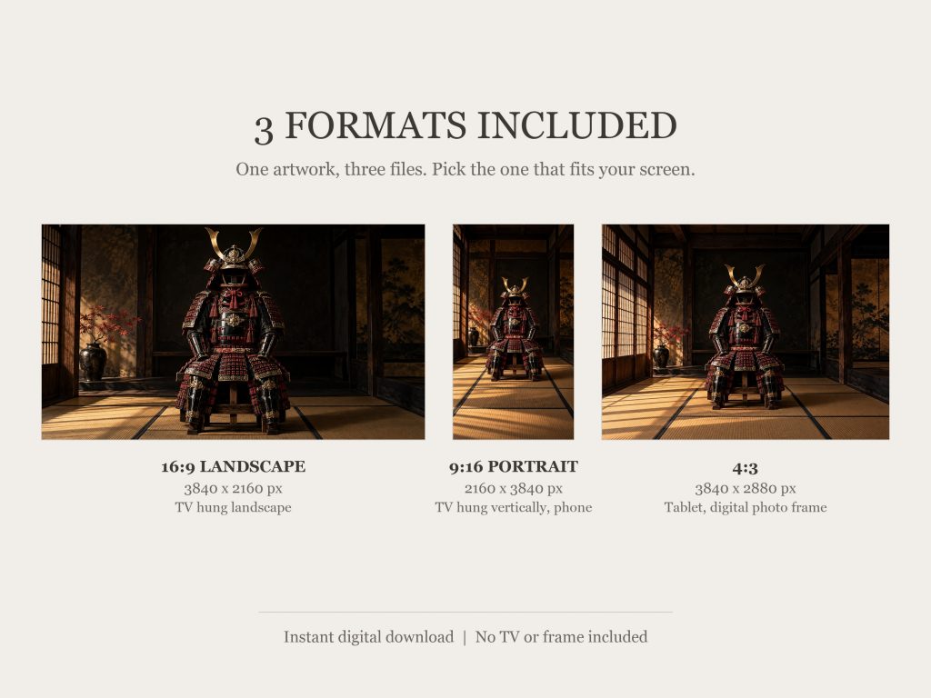 Samurai Armor Still Life: the three included formats, 16:9, 9:16 and 4:3